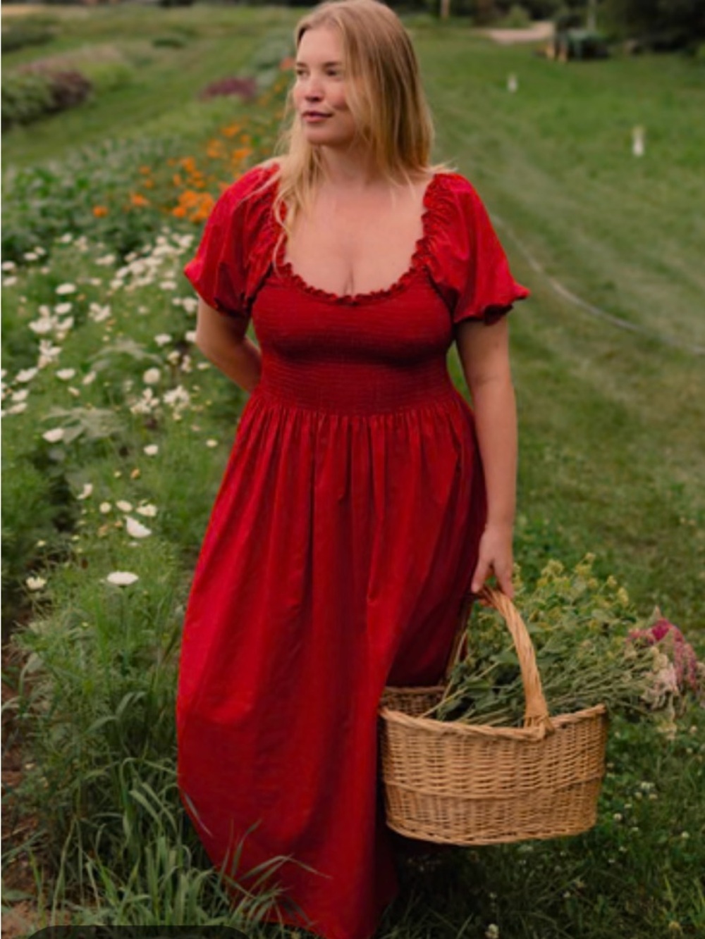 Tradlands Red Puff-Sleeve Smocked Maxi Dress